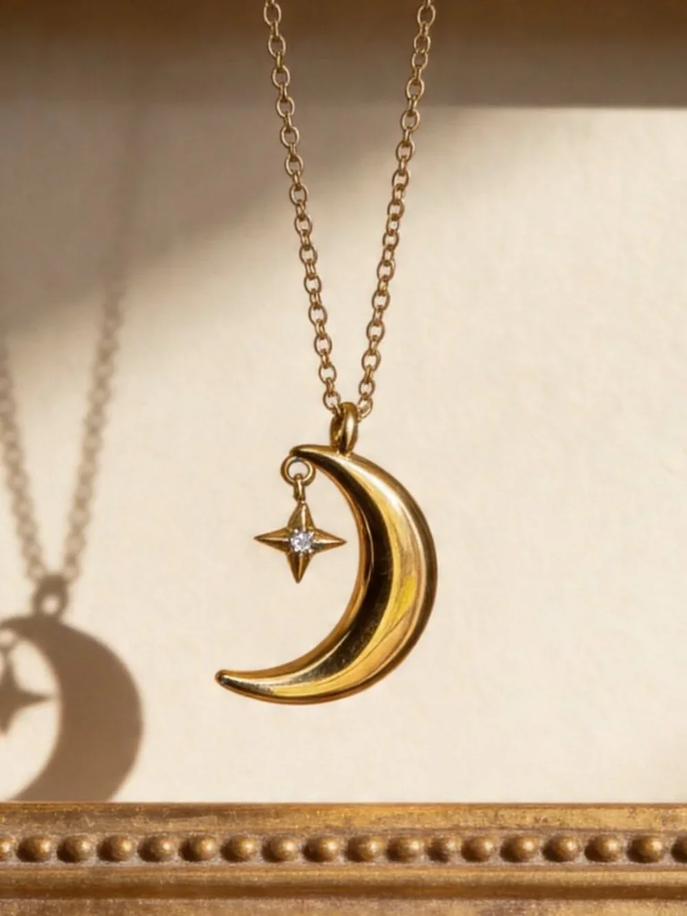 Gold Crescent Moon Star Pendant Stainless Steel - Picture 6 of 13